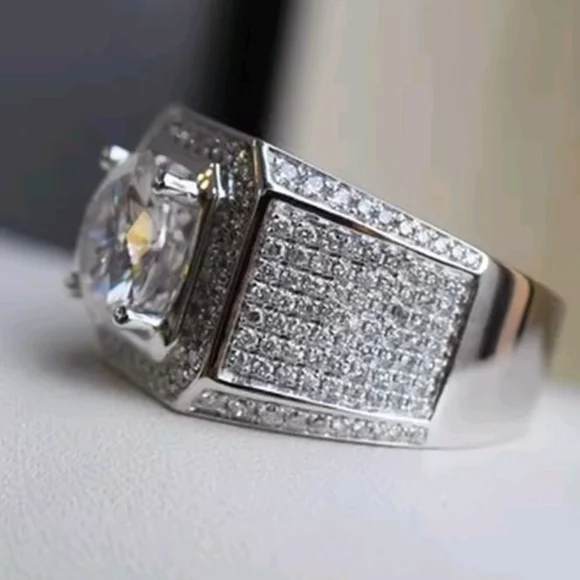 Silver Men's Intricate Diamond Ring with Halo Design Sz 12